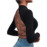 SOLY HUX Women's Open Back Tops Mock Neck Long Sleeve Criss Cross Backless T Shirt Going Out Crop Top