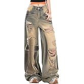 kakarin choyx Harajuku High Waisted Straight Leg Jeans Y2K Gothic Vintage Patchwork Fringe Ripped Baggy Denim Pants