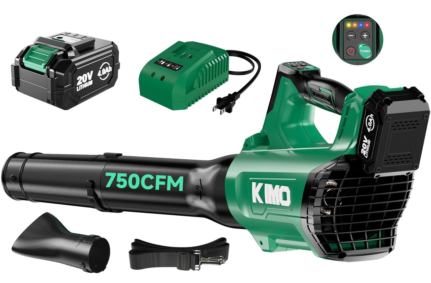 Photo 1 of ***MISSING ASSEMBLY PIECES*** KIMO Cordless Leaf Blower with Battery and Charger, 750CFM 220MPH, 4 Speeds w/Turbo Mode, Brushless Motor, 3 Extended Tube, 4000mAh Battery Powered Leaf Blowers for Lawn Care Patio Cleaning Wet Leaves