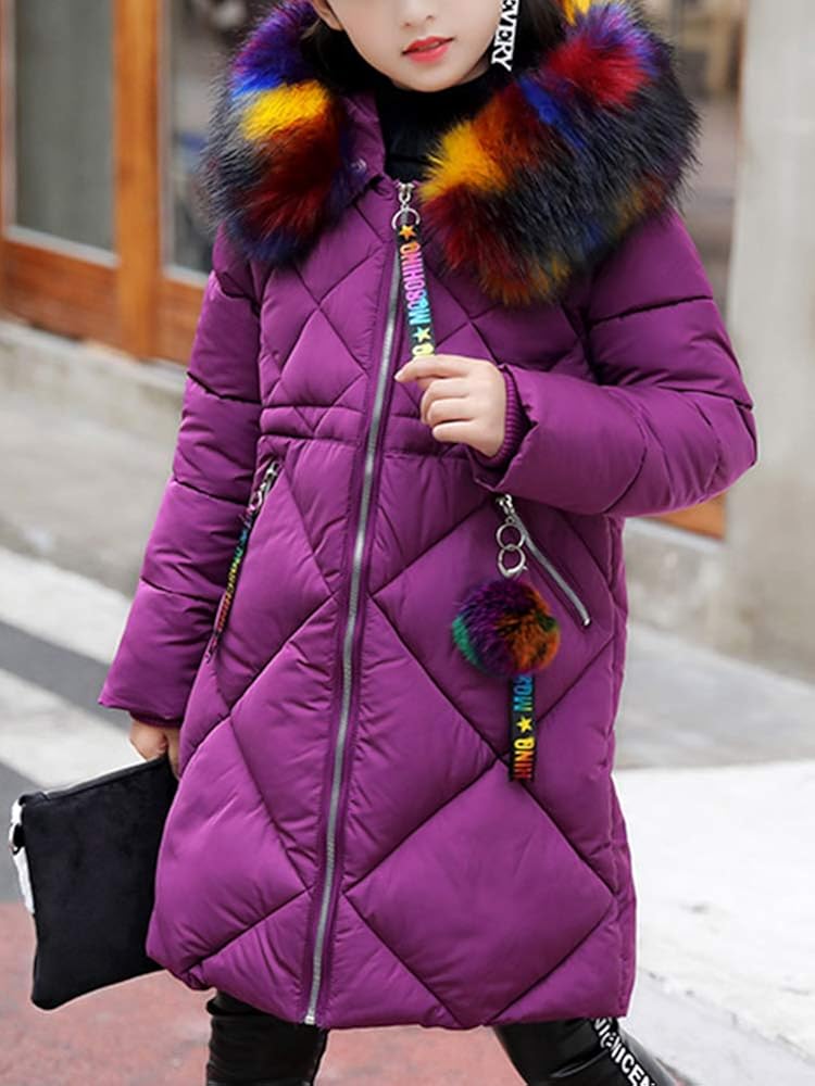 OCHENTA Girls' Puffer Down Coat Winter Jacket with Faux Fur Trim Hood: Clothing