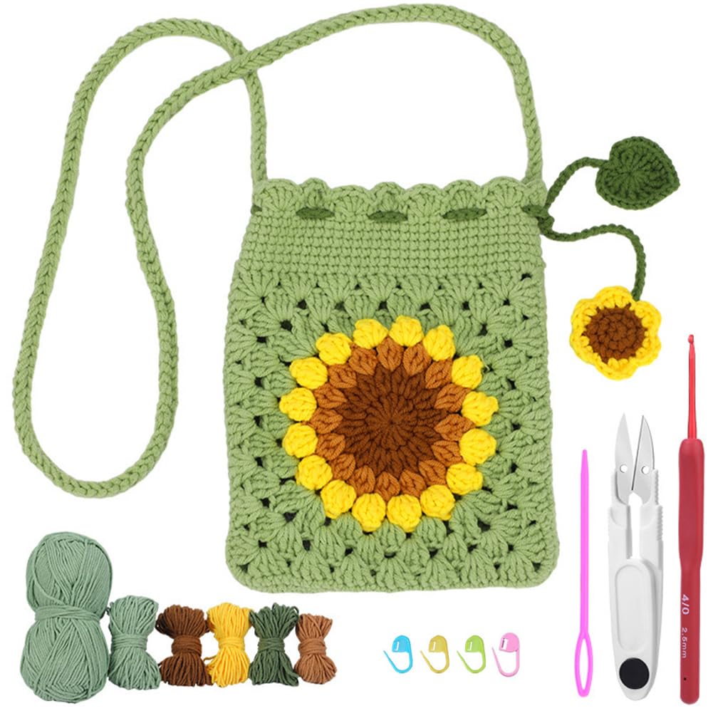 SUNNYCLUE Bag Diy Crochet Kit Complete Beginner Crochet Kits Sunflower Crocheting Phone Bag Starter Step-by-Step Video Tutorials Learn to Stitch 3d Knitting Crochet Amigurumi Kits for Adult Starters