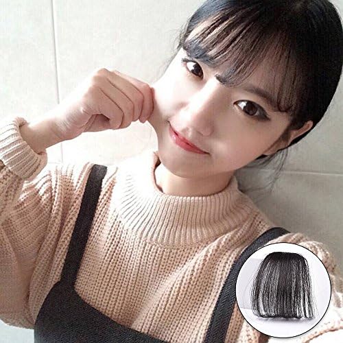 Haofay Real Brazilian Human Hair Short Bangs/Fringe Hand Tied Remy Hair Bang Clip In Hair Extension for Women (hair bangs no temple, natural black)