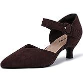 RIBONGZ Comfortable Kitten Heels for Women Pointed Closed Toe Ankle Strap Buckle Heels Slip on Low Heel Church Pumps Wedding Bridal Party Dressy Shoes