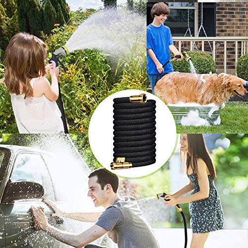 KISCHERS Expanding Garden Hose 100 ft Anti-Burst Expandable Water Hose Pipe with 3-Layers Natural Latex Core, 3/4 Solid Brass Fittings with Storage Bag & Hook Black