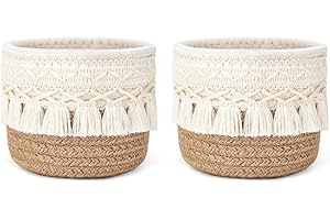 Round Woven Cotton Rope Desktop Storage Basket with Tassel Fringe, 2 Pack Small Organizer for Makeup Brushes Cosmetics and Ho