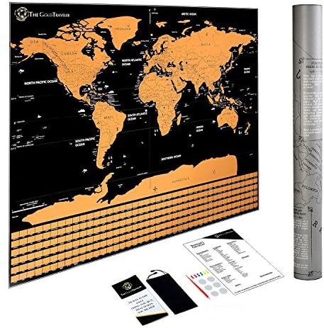 Scratch Off World Map Deluxe Poster by The Gold Traveler Atlas Travel Map, Scratch Off Tool, Precision Scratching Pen and Pins, Traveler's Checklist with Drawstring Carrying Bag