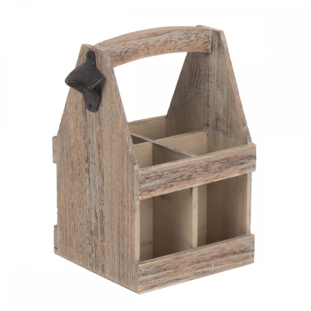 Wooden Bottle Caddy, 4-Pack Beer Carrier with Built-in Metal Bottle Opener