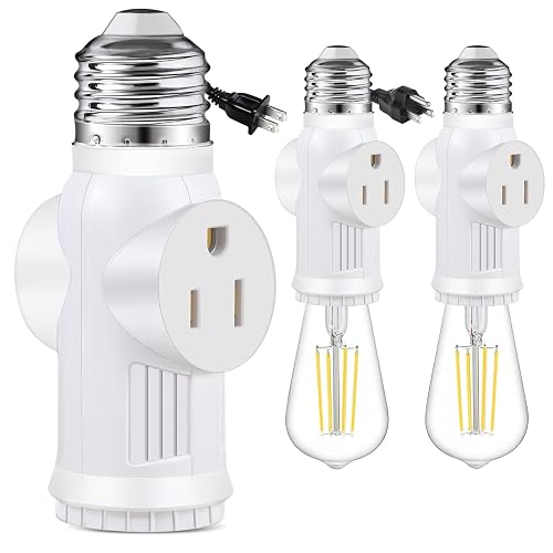 3-Prong Outlet Light Socket Adapter, E26 Screw-in Socket To AC Outlet Converter For Porch, Garage, Camera, And Christmas Lights (2-Pack, White)