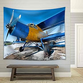 Old Airplanes Parked on a Meadow with Snow in a Sunny Day - Fabric Wall Tapestry Home Decor - 51x60 inches
