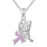 JZMSJF S925 Sterling Silver Breast Cancer Awareness Necklace Butterfly Pink Ribbon Pendant Necklace Survivor Gifts for Women