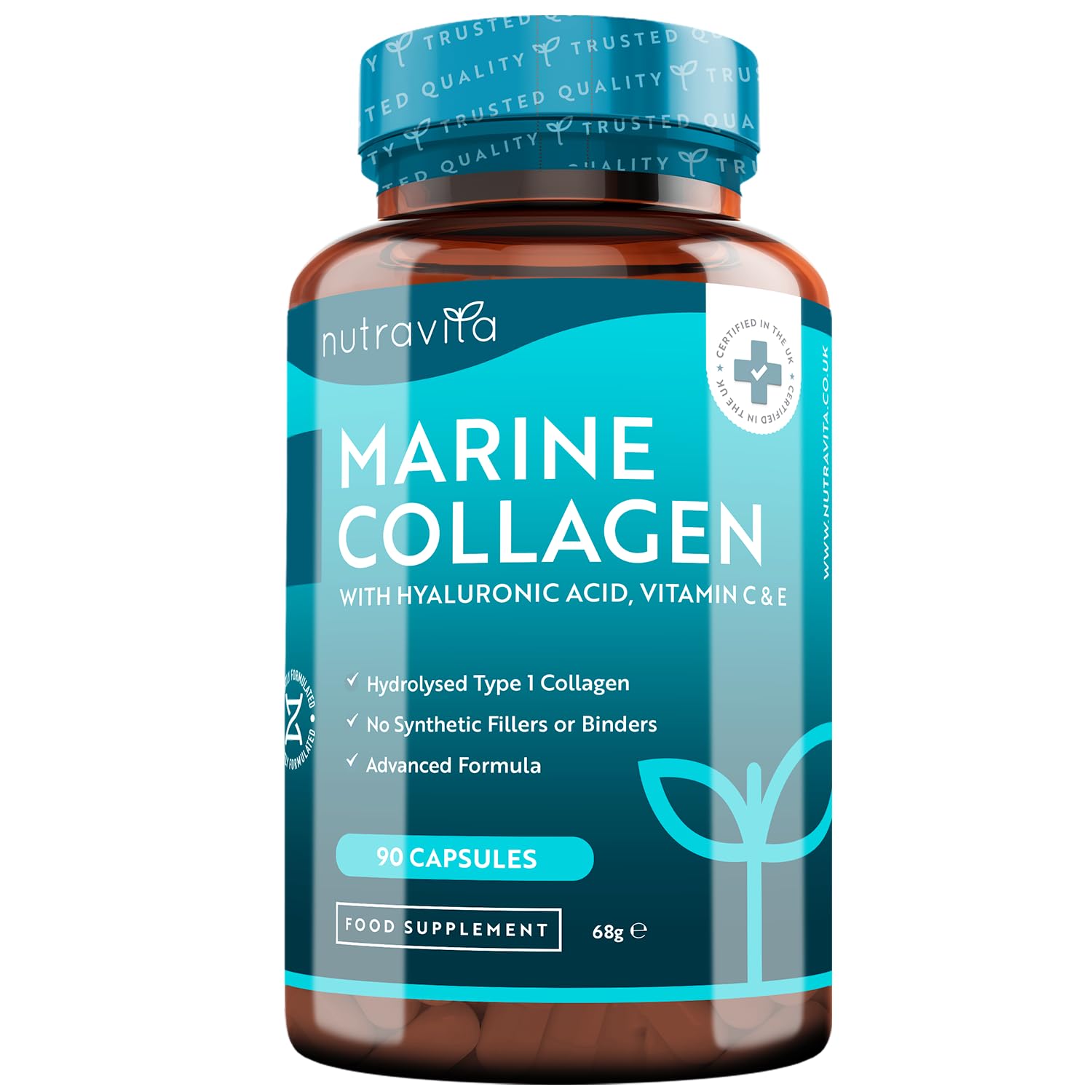 Nutravita Marine Collagen 1000mg Enhanced with Hyaluronic Acid 100mg - 90 Super Strength Capsules - Hydrolysed Collagen Supplements - Vitamin C, Vitamin E, Vitamin B2, Zinc, Copper - Made in The UK