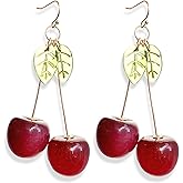 JIUIQL Handmade Big 18K Gold Plated Sweet and Lovely 3D Red Cherry Dangle Drop Earrings with Green Leaves for Women Dainty Fruits Jewelry Gifts