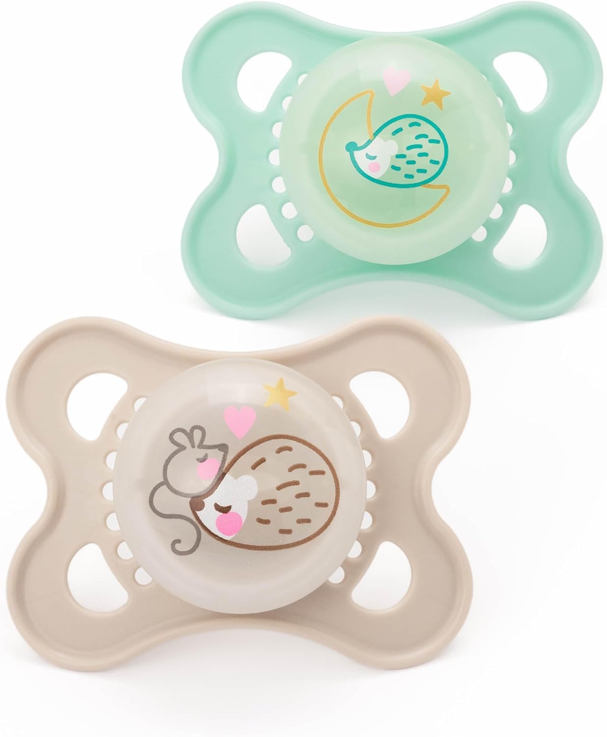 MAM Latex Original Night Soothers | 0-6 Months | Glow in The Dark Dummies | Comes in Dummy Steriliser Case | Baby Accessories for Newborn | Green/Cream (Various Designs)