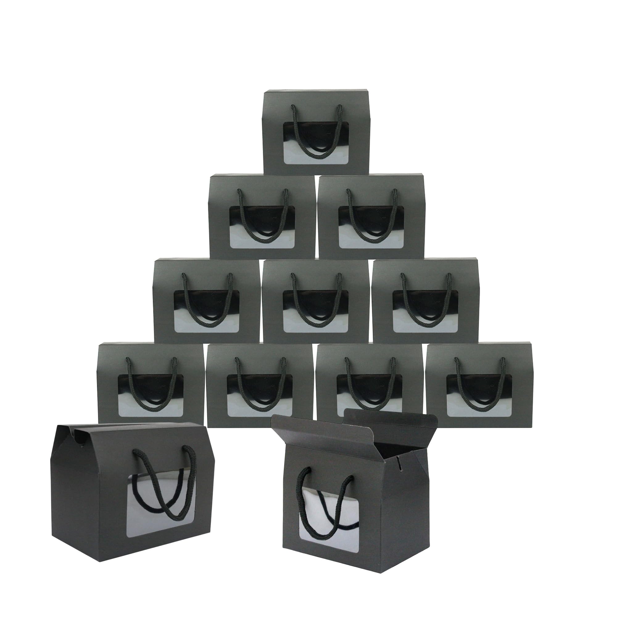 Emartbuy Black Kraft Gift Boxes with Clear Window & Rope Handle – Size 2 (20 × 15 × 11 cm) – Premium Hamper Boxes for Christmas Gifts – Pack of 12