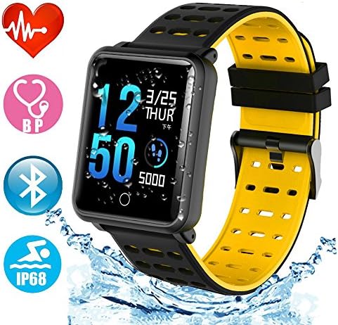 Smart Watch Bluetooth Fitness Watch - Waterproof Touchscreen, TF2 1.3 inch HD, Step Counter, Heart Rate &amp; Sleep Monitor Sport Smart Bracelet for IOS/Android, for Men Women Kids (Black + Yellow)