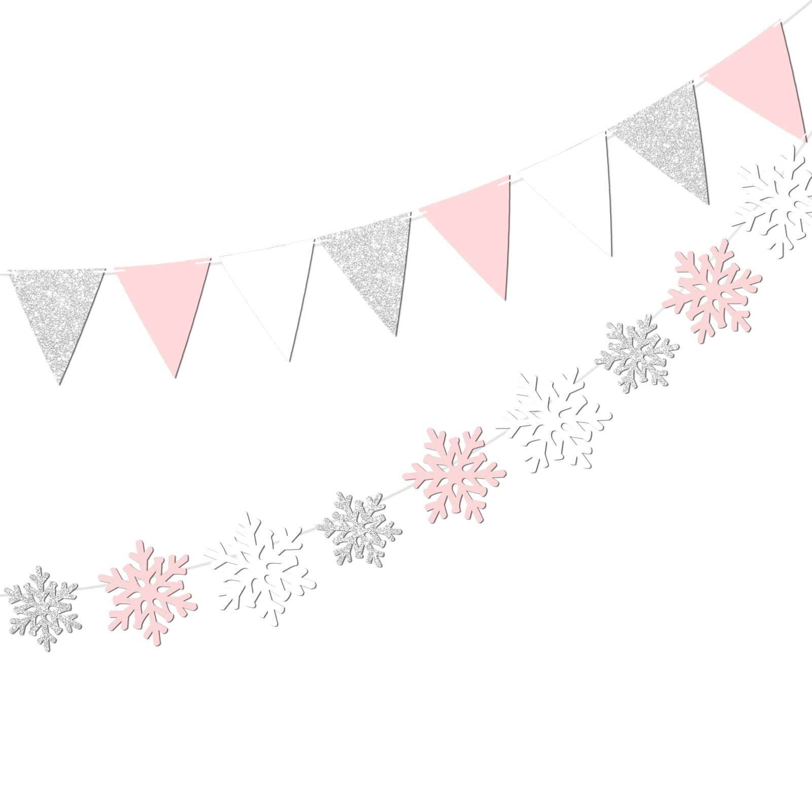 Photo 1 of Vofrise 2Pack Pink and Silver Snowflake Banner Prestrung Snowflakes Garland Girl Winter Wonderland Baby Shower Decorations Snowflake Triangle Pennant Banner Birthday Party Supplies