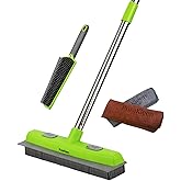 PuraKleen Carpet Rake for Pet Hair Removal with 61" Long Handle, 2 Microfiber Clothes, Floor Squeegee & Pet Brush,4 in 1 Gree