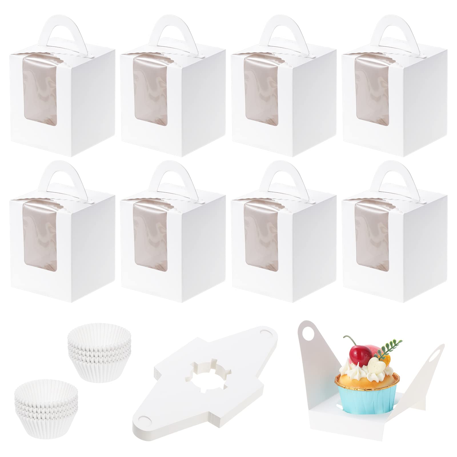 Coolty 50pcs Cupcake Boxes 1 Hole Cardboard Packaging Boxes Bakery Pastry Boxes with Handle, Window and Inserts for Cookies Muffins Cupcakes Desserts Pies (White)