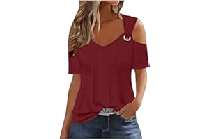 JXSOYEN Eyelet Tops for Women Casual Notched V Neck Tops Summer Cold Shoulder Blouse Tunic Tops for Leggings Going Out 2024