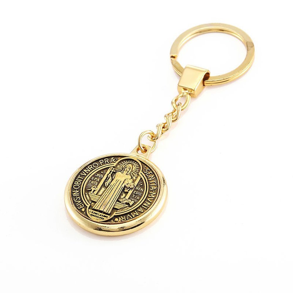 LivelyBuy Saint Benedict of Nursia Keychain Gold Plated Locket Holy Patron of Europe Spiritual Christian Religious Keyring Gift