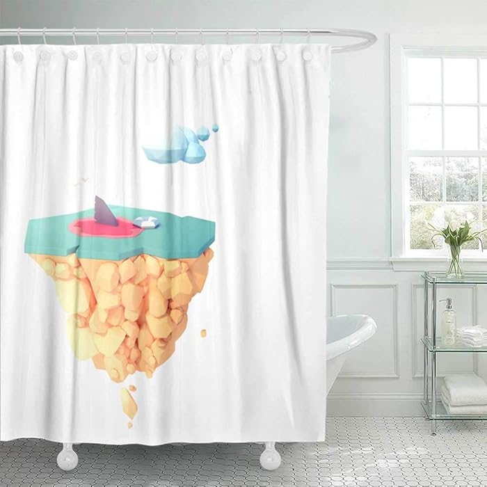 Douecish 72X78 Shower Curtain, Shower Curtain Shark Fin in The Water Attack People Low Isolated Island 3D Cool Shower Curtain with Hooks Waterproof Eco-Friendly Long Shower Curtain for Bathroom