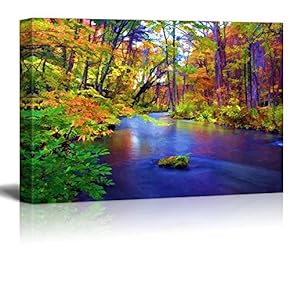 Painting of a Forest During Fall Time Surrounding a Lake - Canvas Art Home Art - 12x18 inches