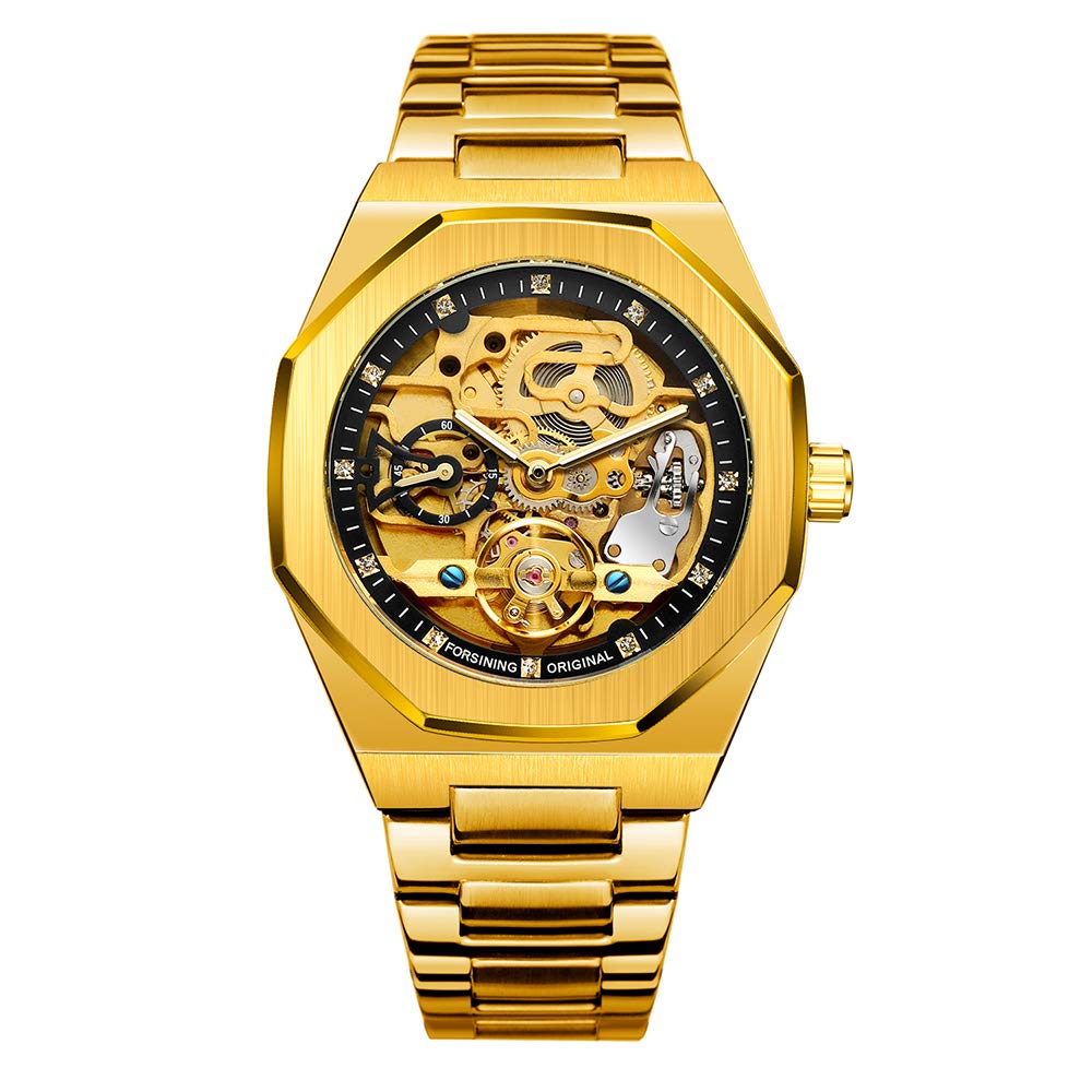 BOLYTE Tourbillon Design Men's Analog Automatic Stainless Steel Wrist Watch Mechanical Skeleton Male Clock (Gold Black)