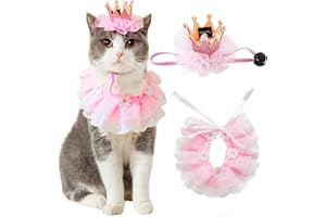 Ushang Pet Cat Princess Costumes Pink Cat Crown Hat & Lace Bandana Scarf Set, Puppy Part Hat for Small Dogs & Cats, Pink Outfit for Cats and Small Dogs Birthday Party