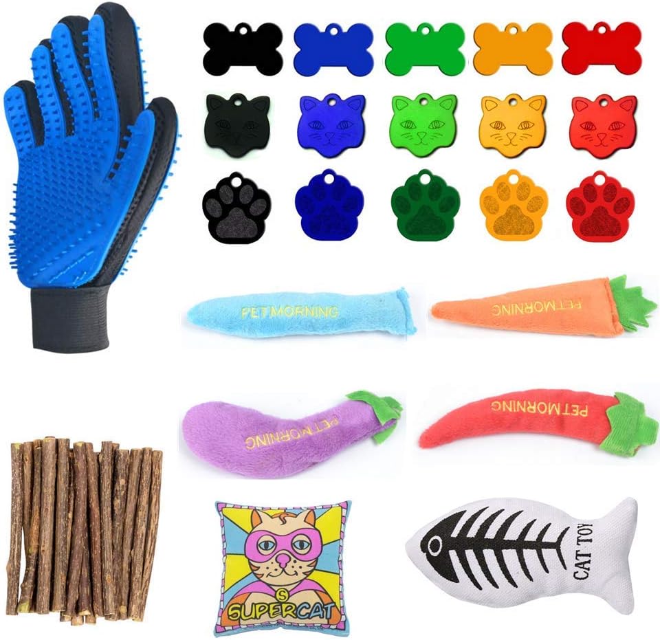 WERTYCITY Cat Toys Kitten Toys Assortments, Variety Catnip Toy Set Including Catnip Fish, Chew Sticks, Double-Side Pet Grooming Glove, Pet ID Tags for Cat, Puppy, Kitty, Kitten