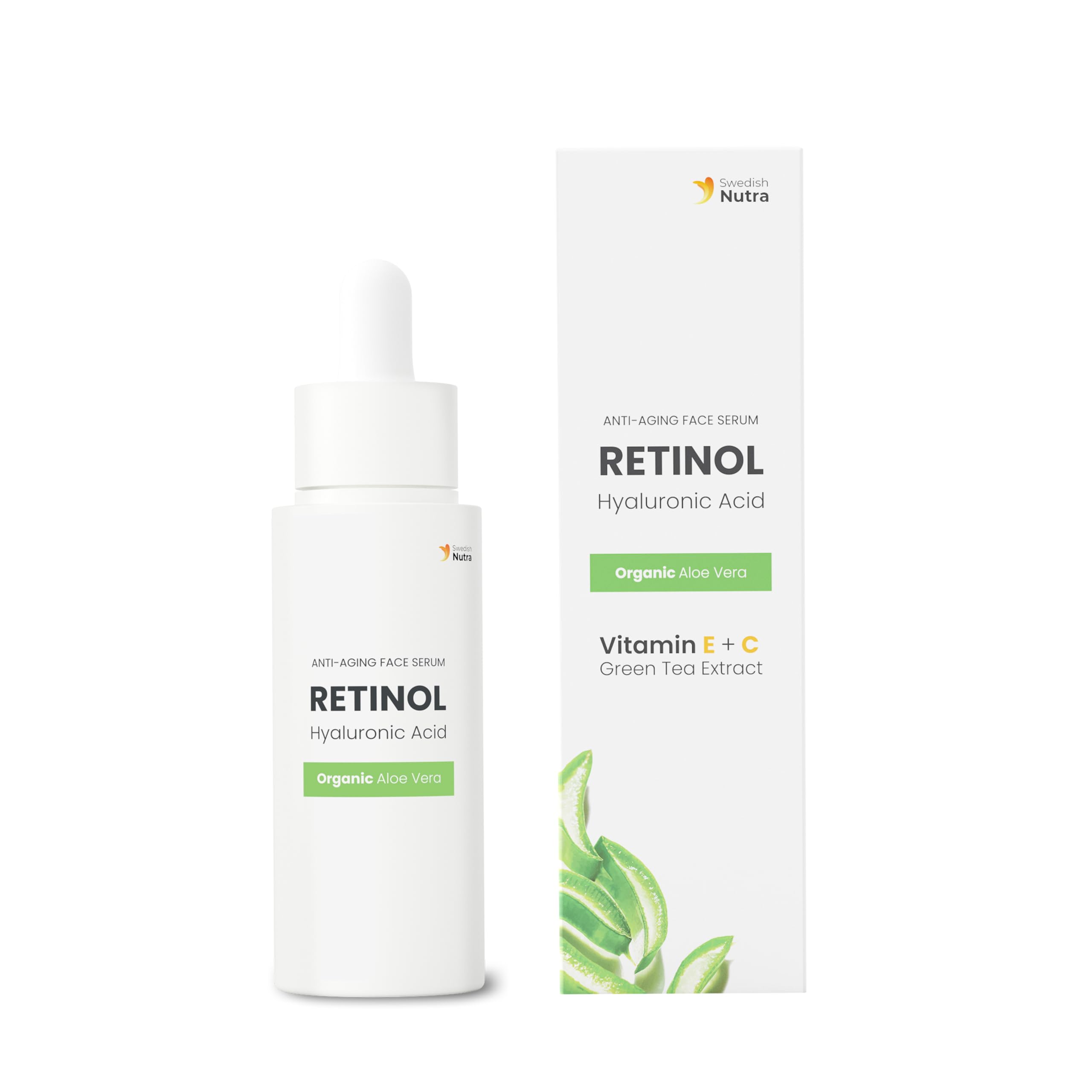 Swedish Nutra Anti-Ageing Retinol Face Serum, 30 ml | Infused with Hyaluronic Acid, Organic Aloe Vera, Vitamin E, C & Green Tea Extract | Collagen Boosting Treatment for Skin Health & Hydration