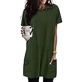 KISSMODA Woman Lightweight Dress with Hood Short Sleeve Summer Loose Pullovers with Pockets Long Tunics Top for Leggings
