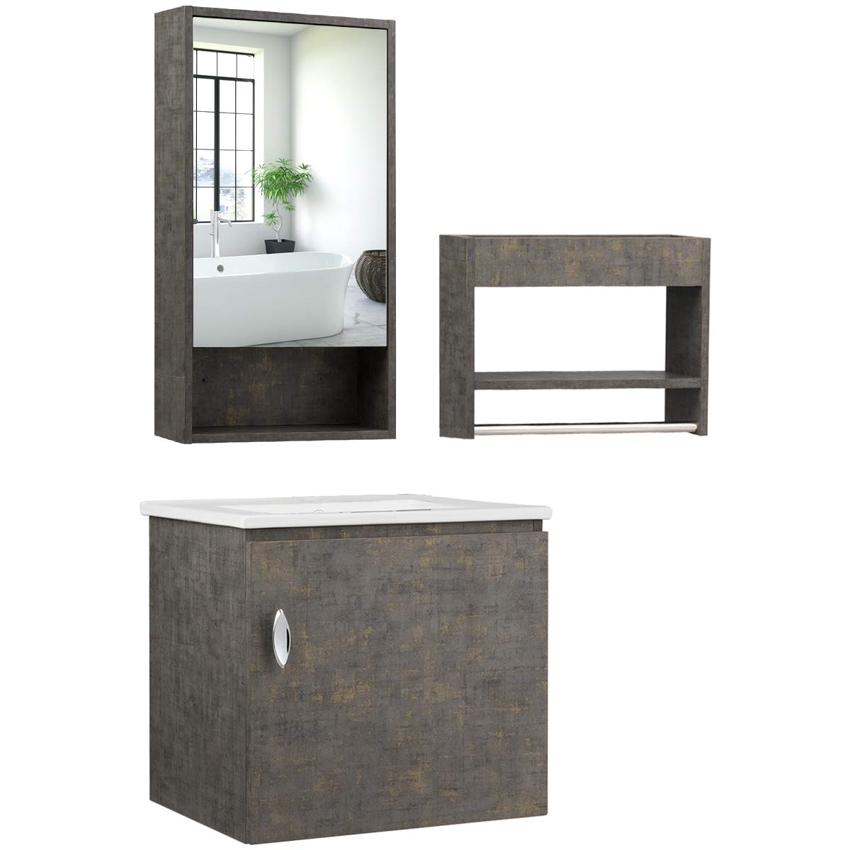 Mua Tangkula Wall Mounted Bathroom Vanity Set Modern Bathroom Vanity Sink Set Storage Cabinet Combinations With Mirror Door Mirror Cabinet Side Storage Rack Main Cabinet Grey Faucet Not Included Tren Amazon Má»¹