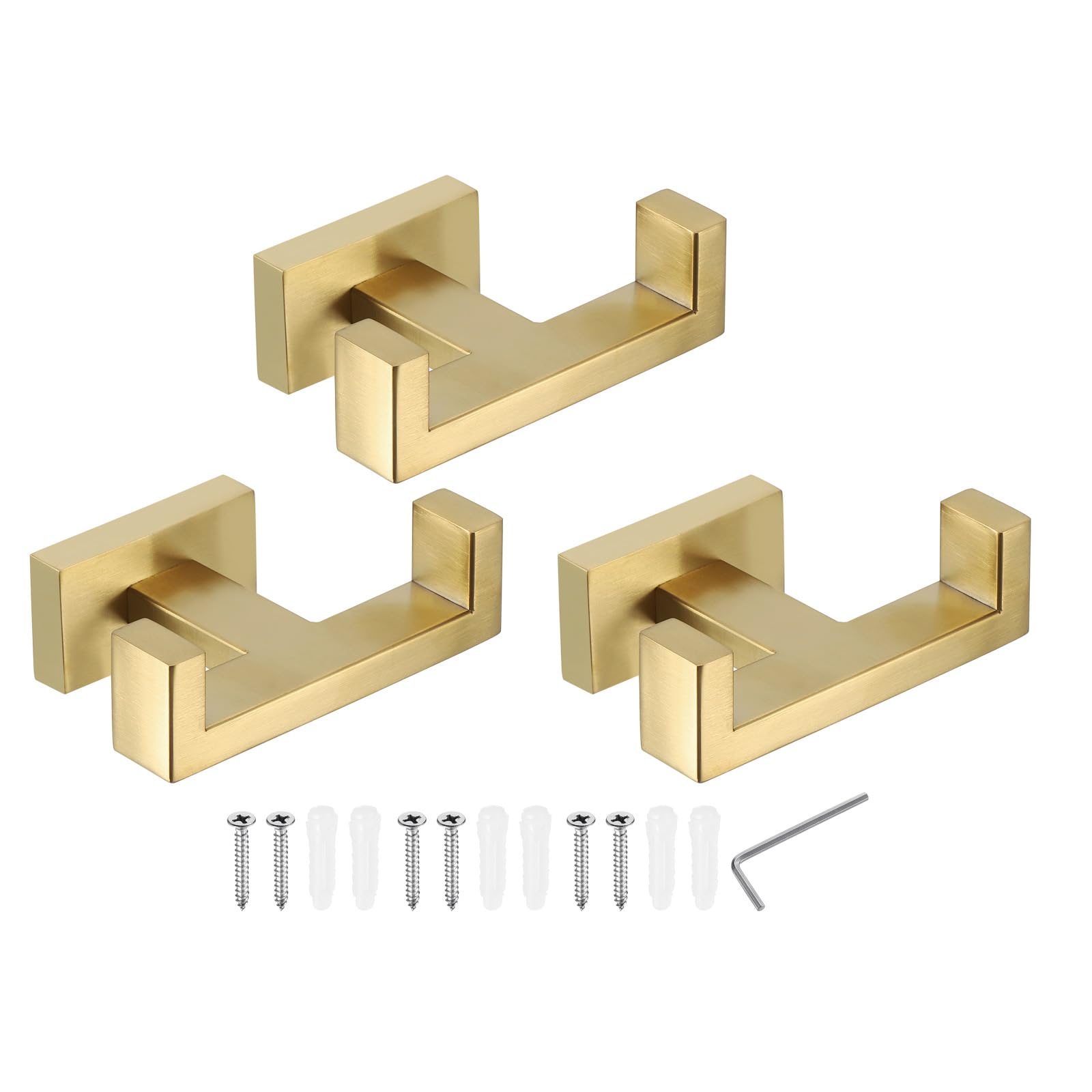 PATIKIL Double Towel Hook, 3Pack 304 Stainless Steel Wall Mounted Hanger Rectangle Towel Holder for Hanging Bathroom, Bedroom, Dormitory, Hang Towel, Clothes, Coat, Robe, Hat, Gold Tone