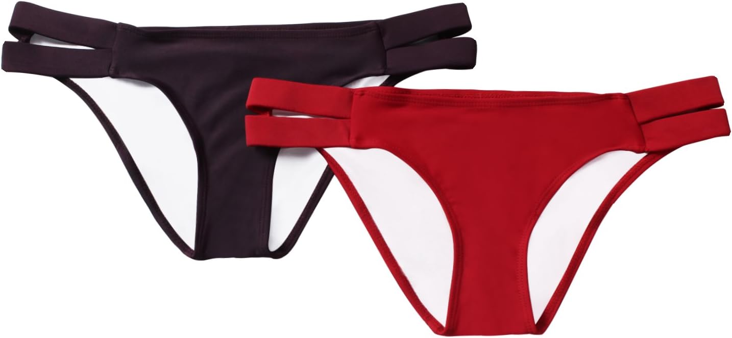 Reteron Women's Vintage Cheeky Cutout Side Swimsuit Bottom 2 Pack L Purple Dark Red