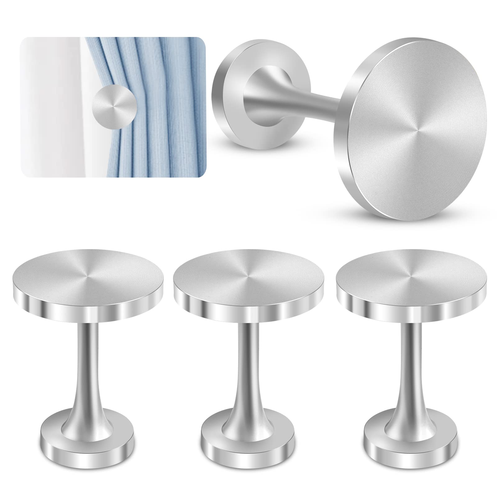 TOKPLNU Curtain Holdbacks, 4 Pack Wall Mounted Curtain Tiebacks Holder Silver Metal Curtain Tie Backs Hooks Decorative Medallion Modern Vintage Curtain Drapery Hook Tassel Holder