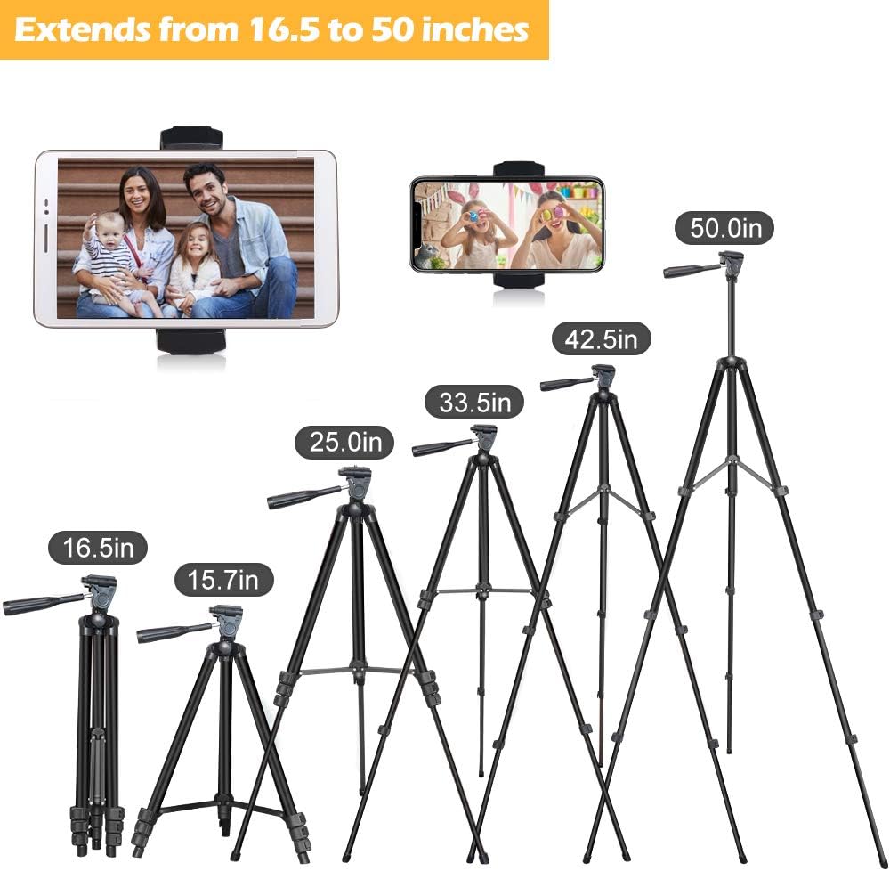 Phone Tripod, Aureday 50” Extendable Adjustable Smartphone & Tablet Tripod Stand with Phone Holder Mount & Remote, Compatible with Tablet/Cell Phone/Camera: Camera & Photo
