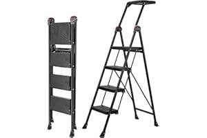 XinSunho 4 Step Ladder, Foldable Handrail & Tool Tray Stool Ladders with Anti-Slip Wide Pedal, 660 lbs Sturdy Steel Ladder for Home Kitchen and Outdoor, Black