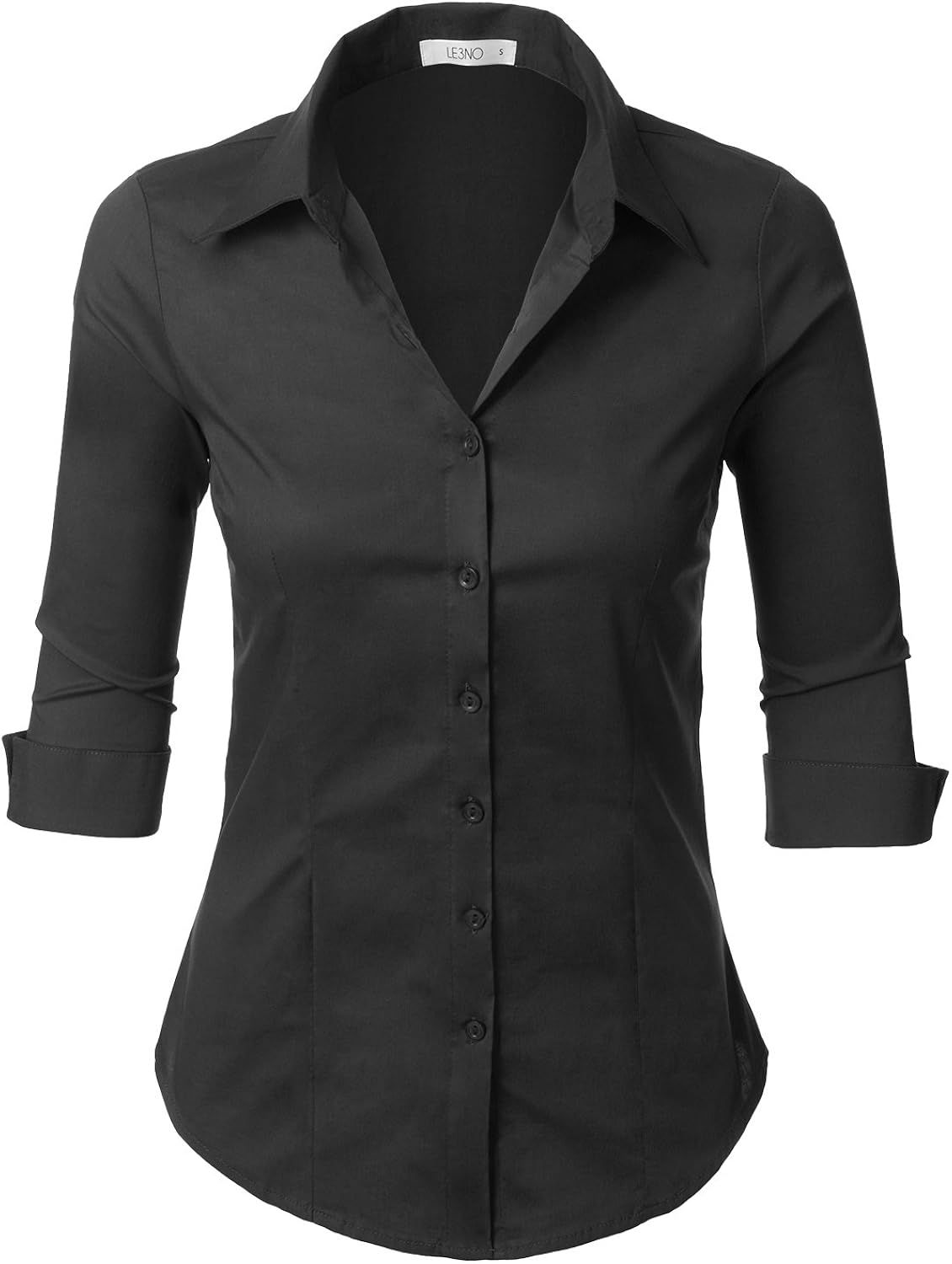 LE3NO Womens Slim-Fit 3/4 Sleeve V Neck Casual Work Shirts Top with Stretch