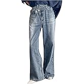 WDIRARA Women's Wrap Asymmetrical Waist Baggy Jeans Straight Leg Denim Pants