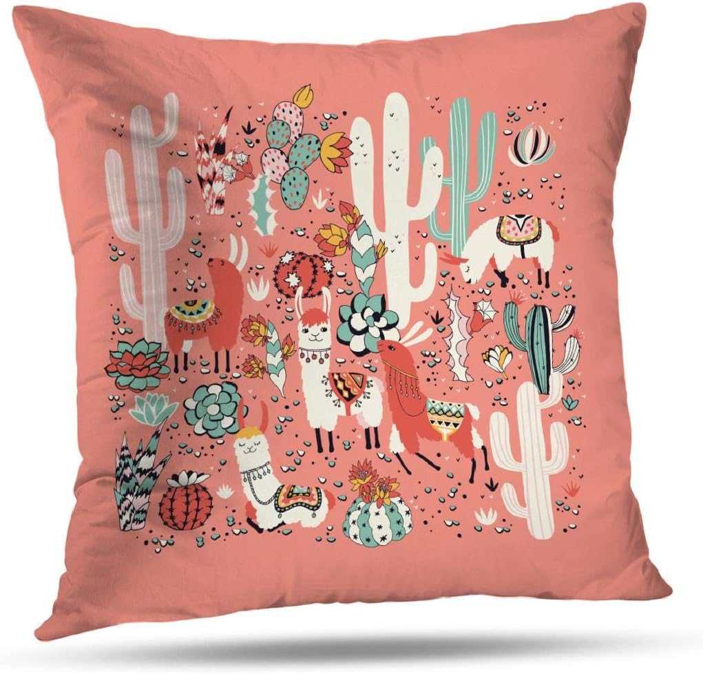 GANKE Cute Llama Decorative Pillow Covers, Couch Cushion Covers Happy Llama Seamless Lovely Flowers and Good Stickers 18x18 Inch Throw Pillow Cover,Standard Pillow Case Pillowcase for Sofa