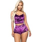 AWIBMK Women's Velvet 2 Piece Outfit Spaghetti Strap Sleeveless Crop Top Camisole and Shorts Pajamas Set Sleepwear Nightwear
