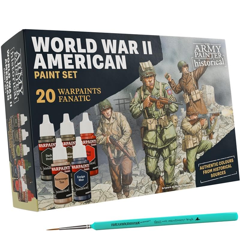 The Army Painter, Historical: WWII American Paint Set Combo, 20 x 18 ml Warpaints Fanatic: 14 acrylic, 4 Washes, 1 Effect, 1 Metallic & 1 Brush - Miniature Paint for U.S. Armed Forces in World War II