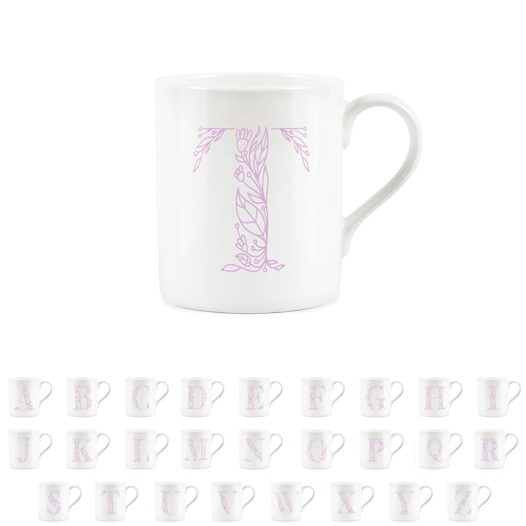 Purely Home Floral Pink Letter T Mug - Fine Bone China Small Coffee Tea Mug Present Personalised Initial Gift