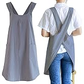NEWGEM Japanese Linen Cross Back Cooking Aprons for Women Men with Pockets Cute for Baking Kitchen