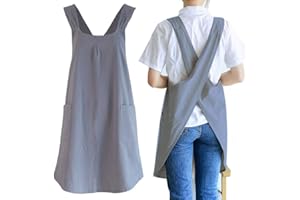 NEWGEM Japanese Linen Cross Back Kitchen Cooking Aprons for Women with Pockets Cute for Baking Painting Gardening Cleaning Gray
