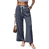 EdgeVibe Womens Wide Leg Elastic Waisted Pants Palazzo Trousers Adjustable Drawstring Casual Long Pleated Pants with Pockets