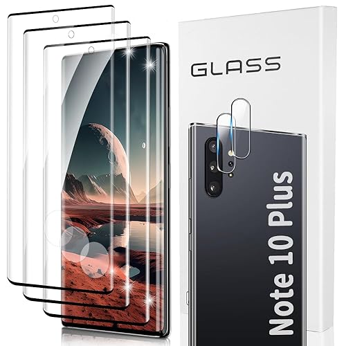 [3+2 Pack] Galaxy Note 10 Plus Screen Protector with Camera Lens Protector,  Support Fingerprint, HD Clear, 3D Curved, 9H Hardness Tempered Glass Film 
