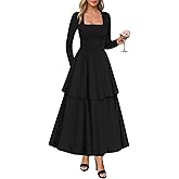 Lazysmile Women's Long Sleeve Fall Dresses Square Neck Ruched Waist Ruffle Hem Flowy Elegant Modest Boho Casual Maxi Dress