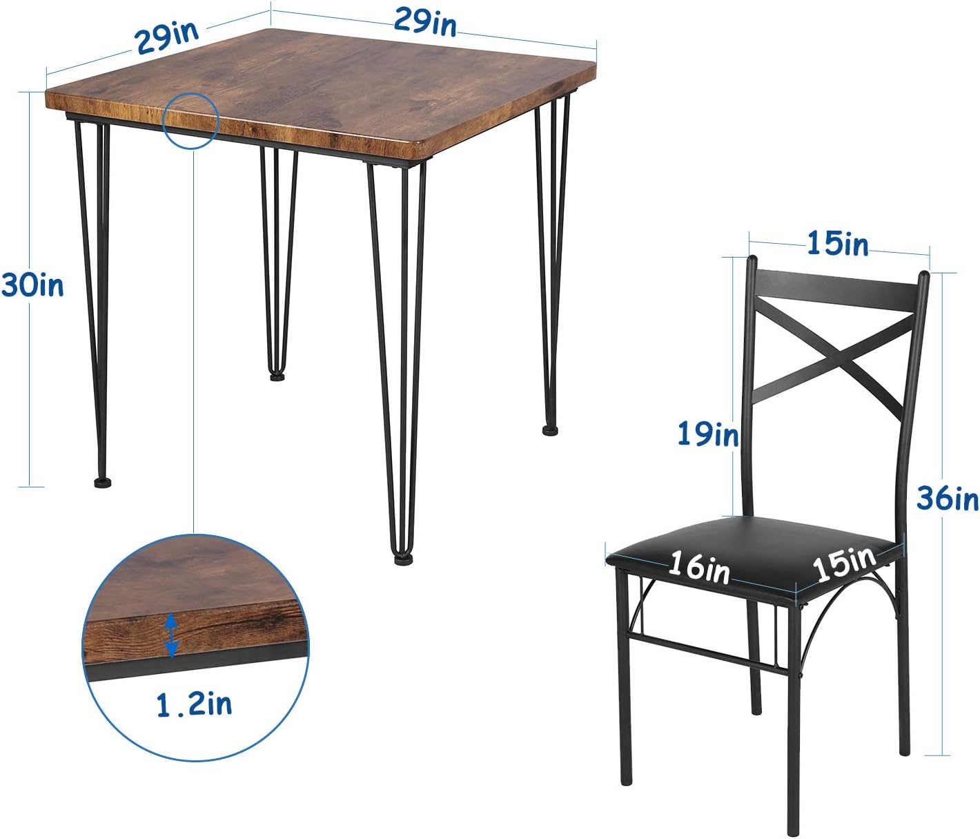 VECELO Dining Set Industrial Style 3 Pieces Kitchen Wood Table 2 Chairs with Metal Legs，Retro Brown and Black - Table & Chair Sets