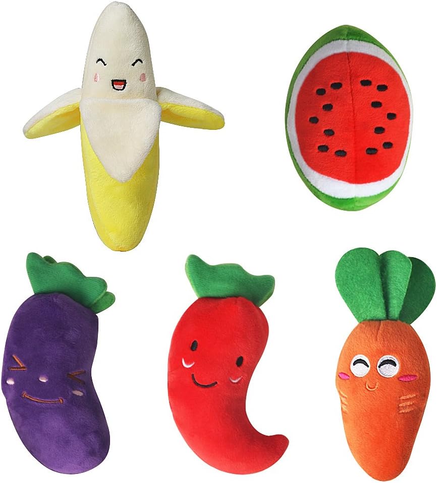 Fruits and Vegetables Dog Squeaky Chew Toys for Medium and Small Dogs (Set of 5)